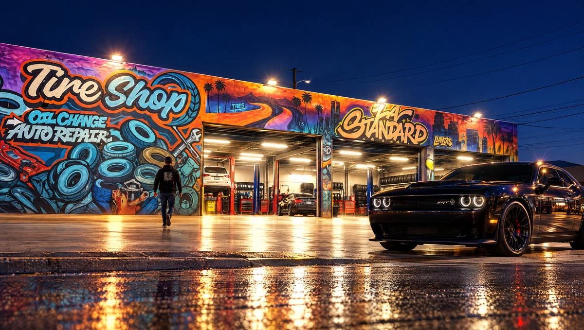 Black Dodge Challenger parked at night in front of the lit LA Standard tire shop mural on Sunland Blvd in Sun Valley