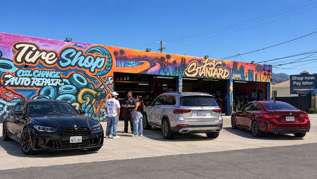 LA Standard tire and auto repair shop in Sun Valley on a sunny day, customers and cars at the open bays