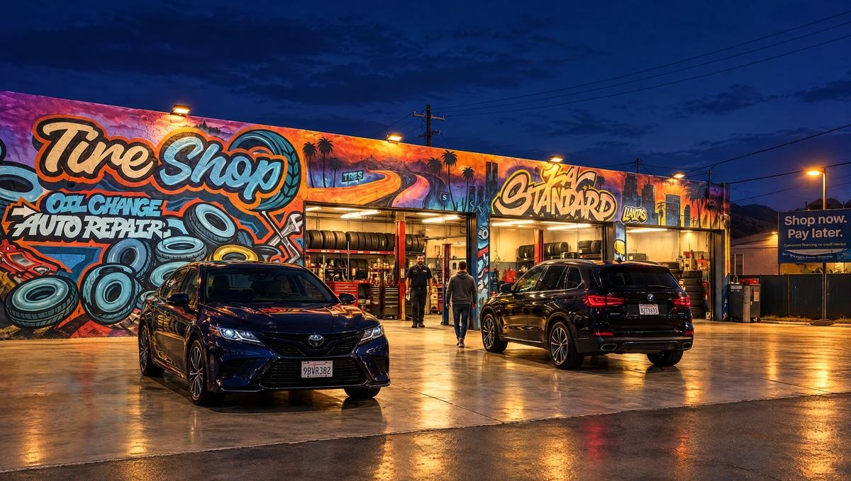 LA Standard tire shop in Sun Valley at night, the Tire Shop mural lit and all three service bays open