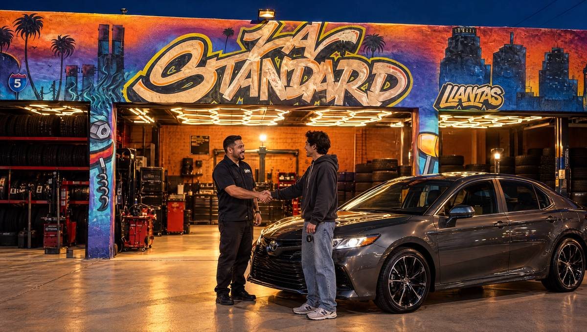 Technician shaking hands with a customer beside his Toyota Camry outside LA Standard Llantas at night